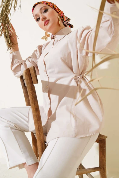 Yanları İp Bağcıklı Basic Gömlek Bej ürün görseli 1