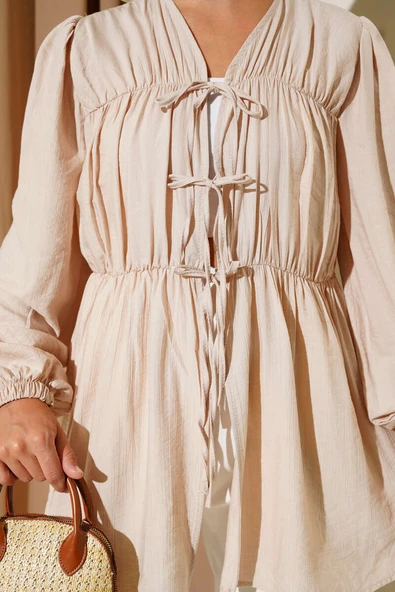 Önü Büzgülü Bilekleri Lastikli Kimono Bej - Resim 4