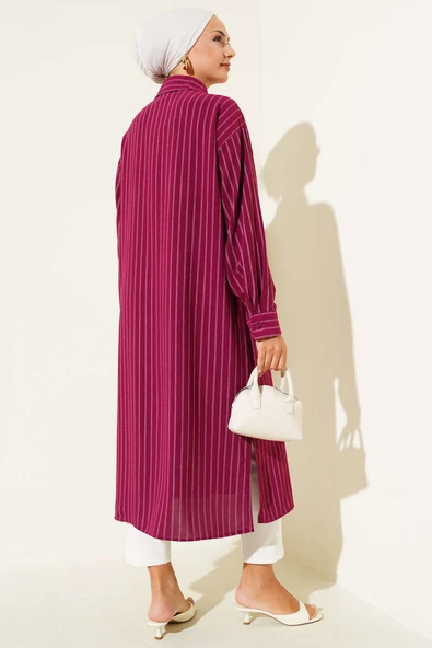 Yanı Yırtmaçlı Çizgili Uzun Gömlek Mürdüm - Resim 3