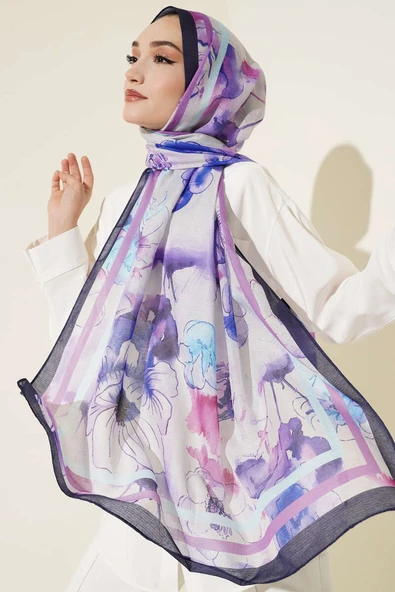 Çiçekli Şerit Geçiş Detaylı Şal Menekşe ürün görseli 1