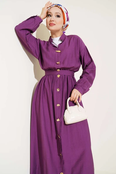 Oval Düğmeli Elbise Mor - Resim 2