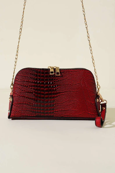 Fermuarlı Zincir Askılı Çanta Bordo Yılan - Resim 2