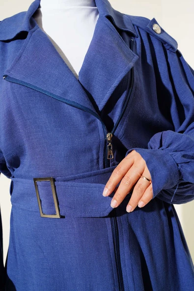 Çapraz Fermuarlı Kemerli Ceket Indıgo - Resim 4