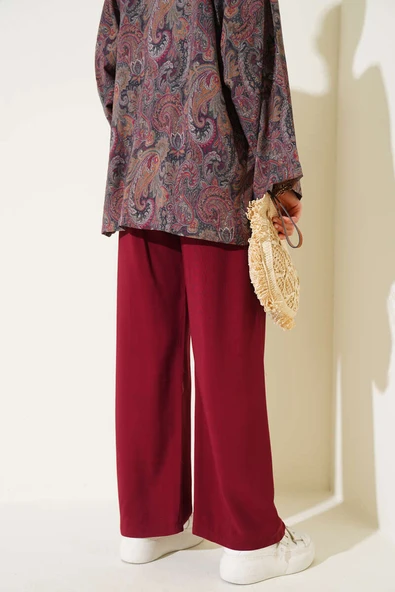 Beli Lastikli Tencel Pantolon Bordo - Resim 3