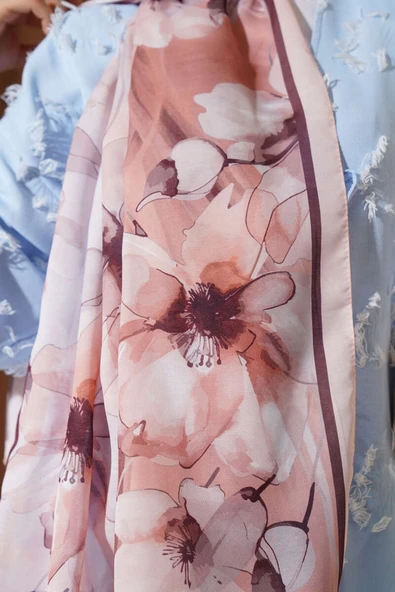 Ebruli Çiçek Şerit Geçişli Şal Somon - Resim 4