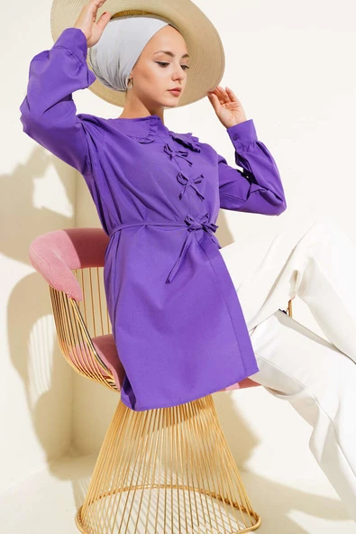 Yaka Fırfırlı Fiyonklu Tunik Mor ürün görseli