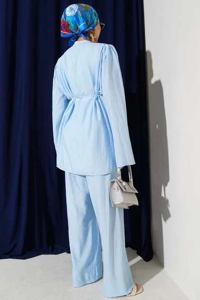 İp Kuşaklı Brit Düğmeli İkili Takım Bebe Mavi - Resim 3