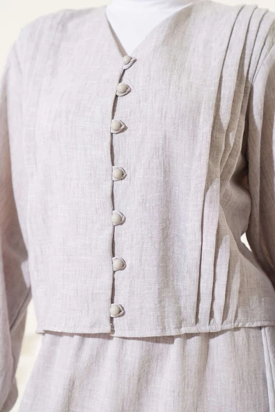 Brit Düğmeli Önü Pileli Etekli Takım Taş - 4