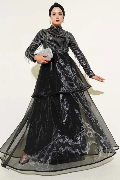 Pul Payetli Püsküllü Abiye Elbise Siyah Gümüş ürün görseli 1