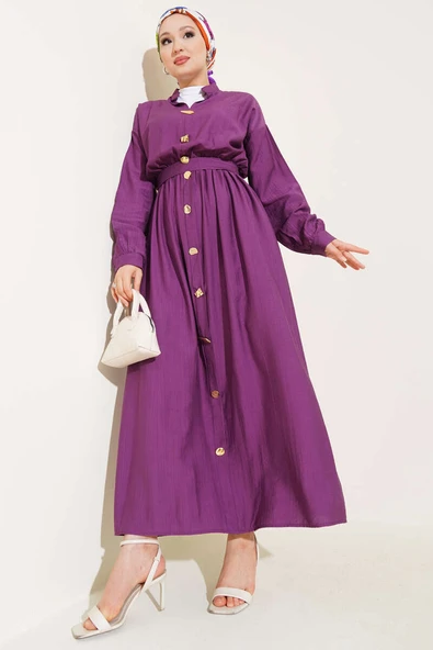 Oval Düğmeli Elbise Mor ürün görseli 1