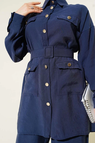 Metal Düğmeli Kemerli İkili Takım Lacivert - Resim 4