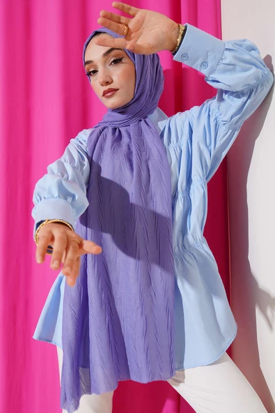 Kırışık Bambu Soft Şal Soft Mavi - Resim 2