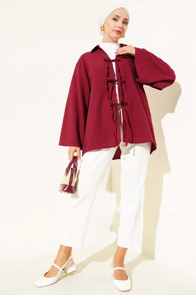 Çizgi Kabartmalı Önden Bağlamalı Kimono Bordo - Resim 2