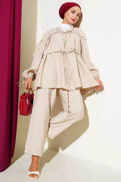 Önü Ve Kolu Bağcıklı İkili Takım Bej ürün görseli 1