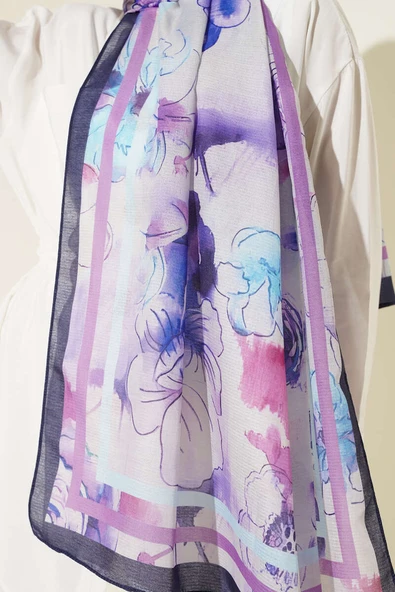 Çiçekli Şerit Geçiş Detaylı Şal Menekşe - Resim 4