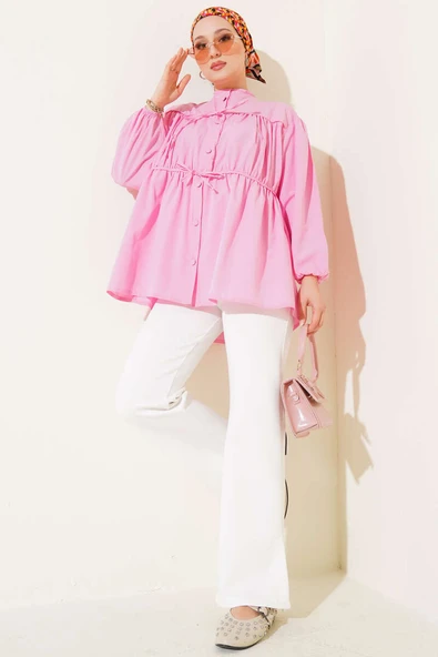 Fiyonklu Büzgülü Gömlek Pembe - Resim 2