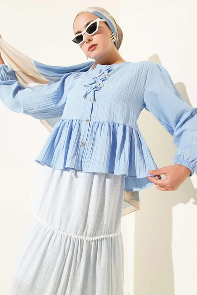 Kurdeleli Fırfır Detaylı Gömlek Mavi ürün görseli 1