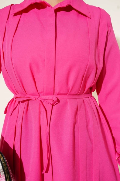 Önü Pensli İp Kuşaklı Tunik Fusya - Resim 4