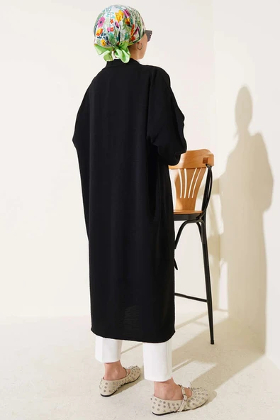 Bilek Bağlamalı Uzun Kimono Siyah - 3