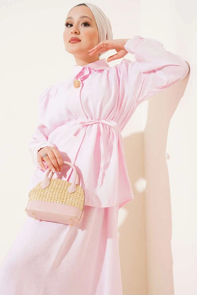 Gizli Düğmeli Kuşaklı Etekli İkili Takım Pembe - Resim 2