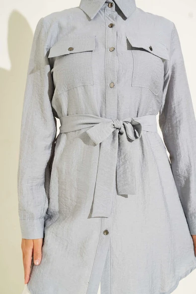 Çift Cepli Belden Bağlamalı Tunik Gri - Resim 4