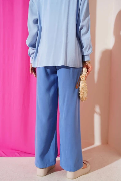 Bel Lastikli Tencel Pantolon İndigo - Resim 3