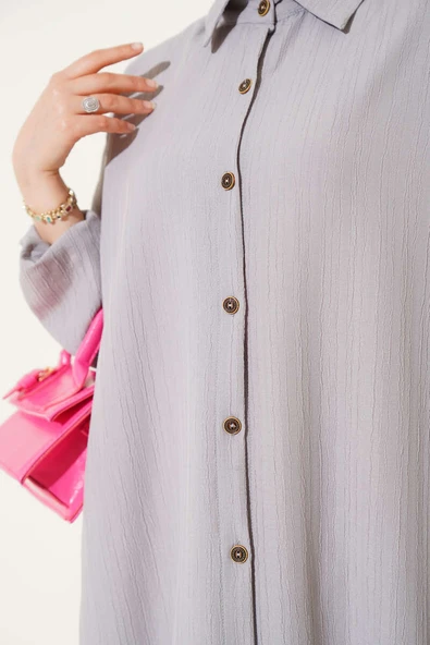 Boydan Düğmeli Uzun Tunik Gri - Resim 4