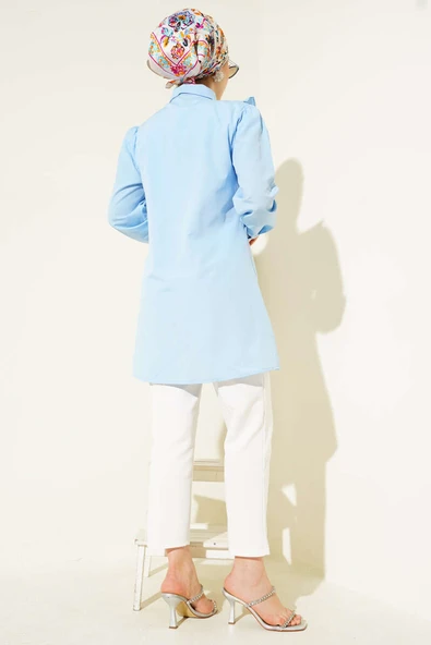 Önü Fırfır Taş Şerit Geçişli Düğmeli Gömlek Bebe Mavi - Resim 3