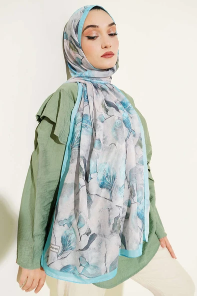 Karışık Yaprak Desenli Şal Turkuaz - Resim 2