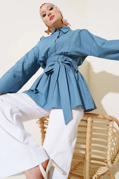 Kuşak Büzgülü Yarım Düğmeli Tunik Indıgo ürün görseli