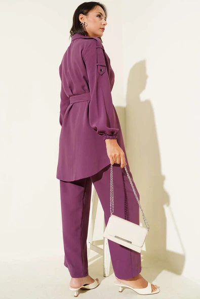 Belden Bağlamalı Omuz Düğmeli İkili Takım Magenta - Resim 3