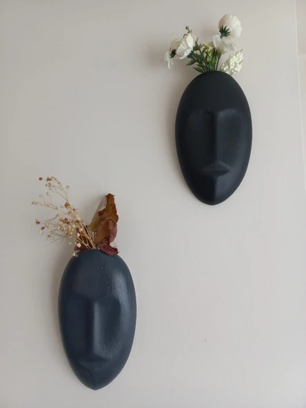 Dekoratif 2'li Yüz Duvar Vazosu, Duvar Süsü ,Heykel Aksesuar Siyah Antrasit Maske ürün görseli 1