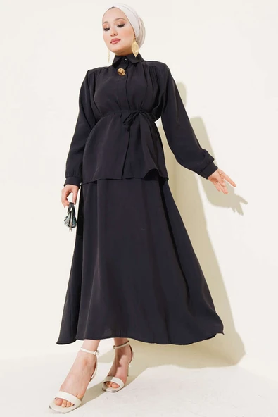 Gizli Düğmeli Kuşaklı Etekli İkili Takım Siyah ürün görseli 1