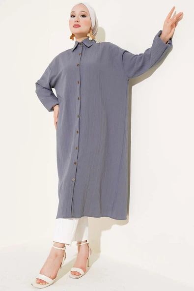 Boydan Düğmeli Uzun Tunik Kayrak Grisi ürün görseli 1