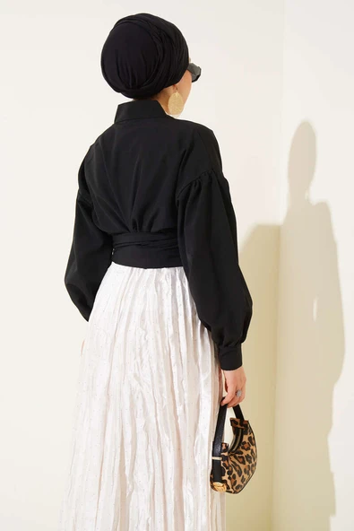 V Yaka Bağlamalı Kısa Gömlek Siyah - Resim 3