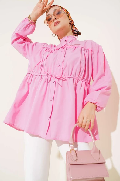 Fiyonklu Büzgülü Gömlek Pembe ürün görseli 1