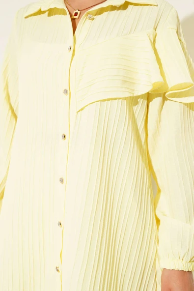 Asimetrik Fırfırlı Kabartma Çizgili Gömlek Sarı - Resim 4