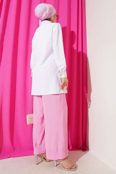 Önü Fırfır Taş Şerit Geçişli Düğmeli Gömlek Beyaz - Resim 3