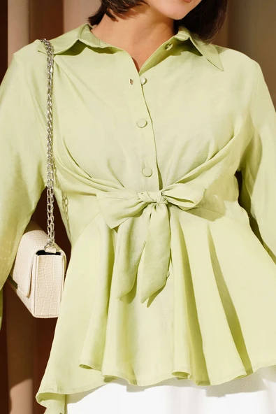 Ön Bağlamalı Kol Lastikli Tunik Su Yeşili - Resim 4