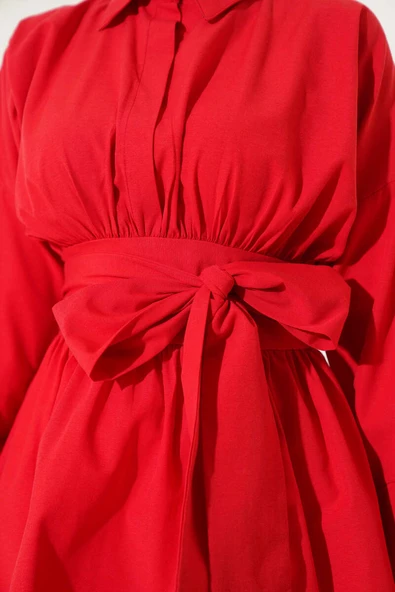 Kendinden Kuşaklı Önü Büzgülü Tunik Kırmızı - Resim 4