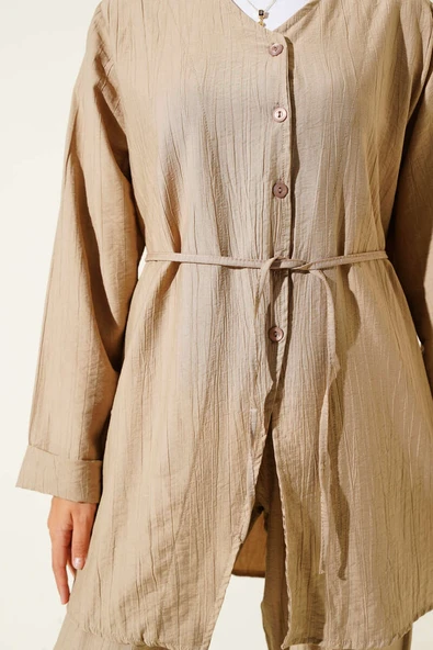 V Yaka İp Kuşaklı İkili Takım Latte - Resim 4