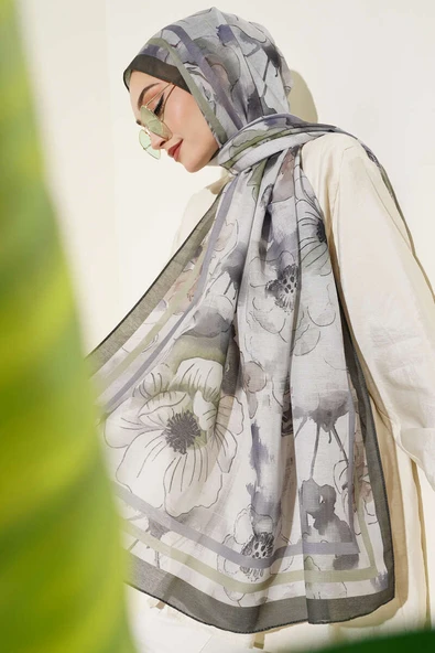 Çiçekli Şerit Geçiş Detaylı Şal Zümrüt ürün görseli 1