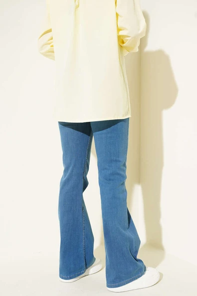 Dikişli İspanyol Paça Kot Pantolon Orta Mavi - Resim 3