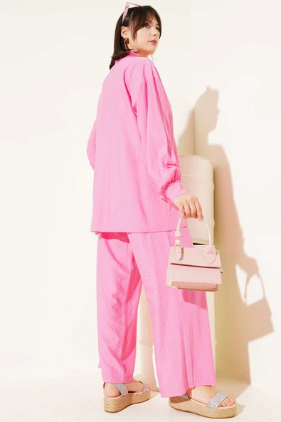 Çapraz Düğmeli Bağlamalı Tunik İkili Takım Pembe - Resim 3