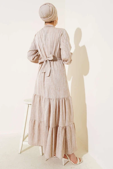 Yaka Ve Kol Ribanalı Elbise Bej - Resim 3