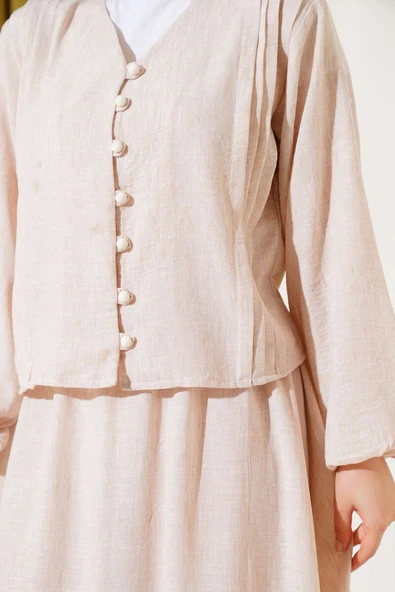 Brit Düğmeli Önü Pileli Etekli Takım Bej - 4