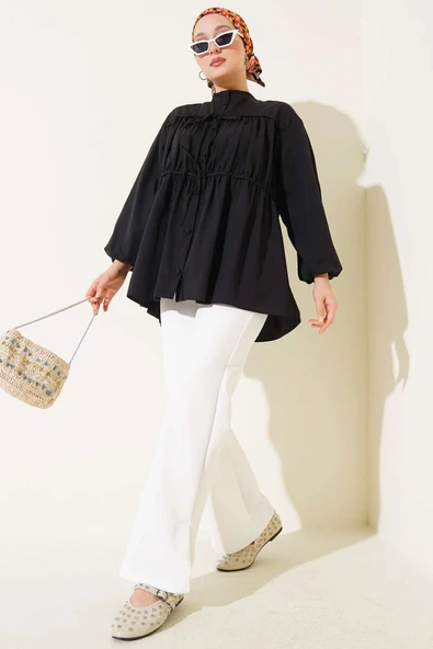 Fiyonklu Büzgülü Gömlek Siyah - Resim 2