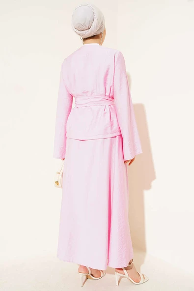 Belden Bağlamalı Etekli İkili Takım Pembe - Resim 3