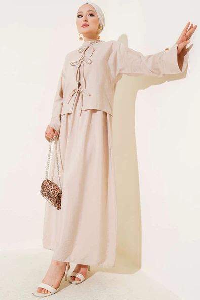 Önü İp Bağcıklı Jile İkili Takım Bej ürün görseli 1