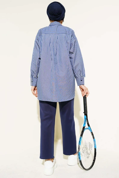 Salaş İnce Çizgili Gömlek Lacivert - Resim 3